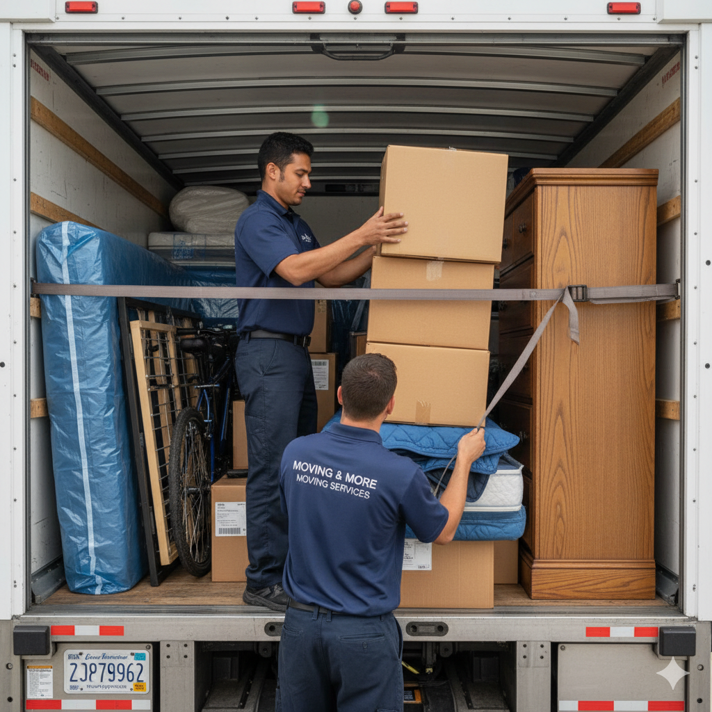 Two movers loading boxes and furniture into a moving truck.