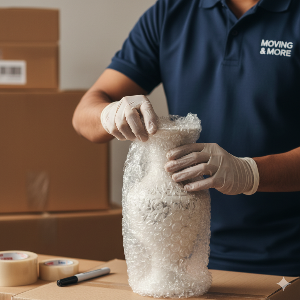 A mover in a blue shirt wraps a vase with bubble wrap, preparing it for transport.