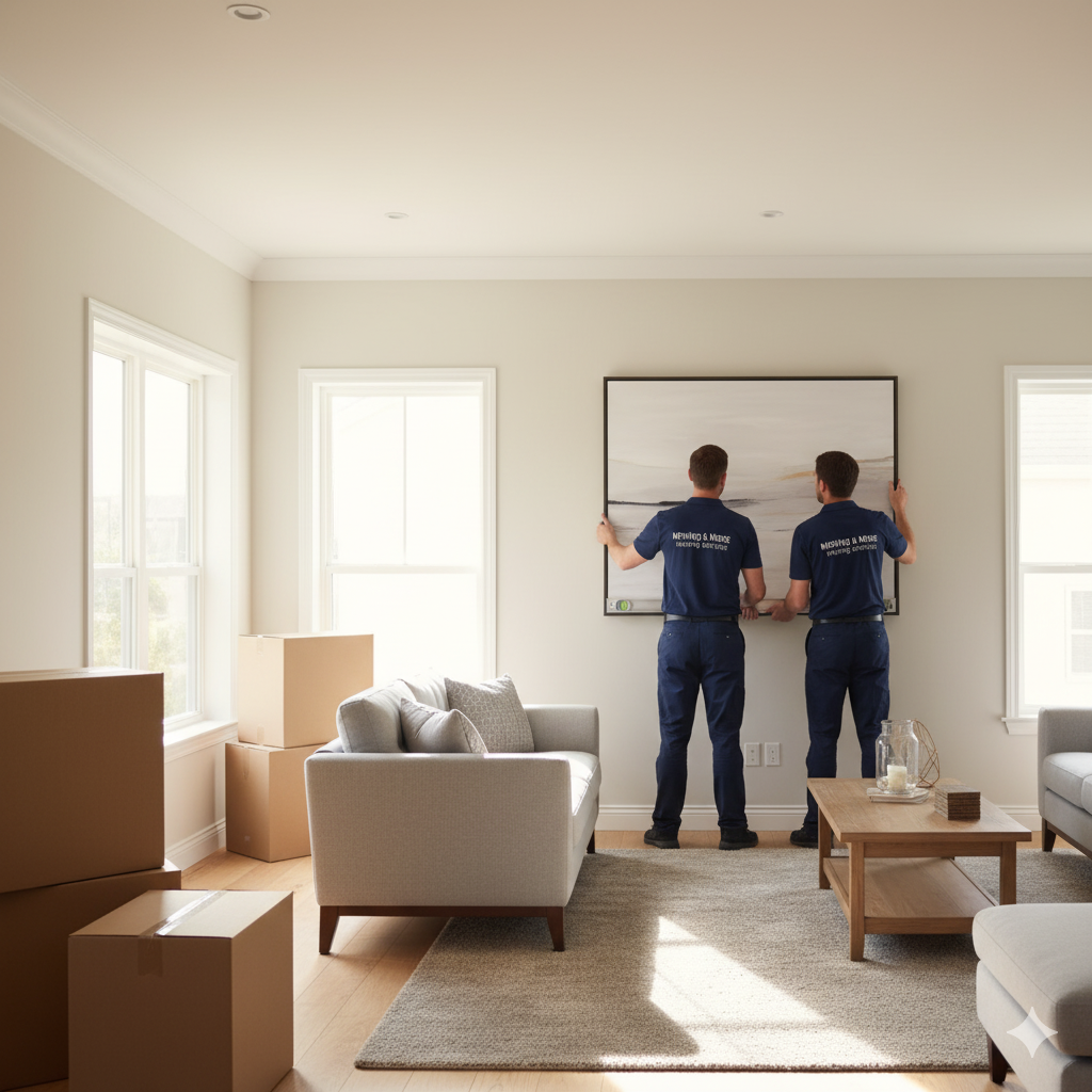 Two movers in blue uniforms hang a framed picture on a living room wall. Boxes, furniture, and windows are present.
