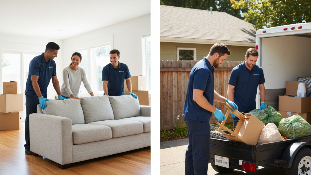 Movers carrying couch in home, loading trailer with items outside.