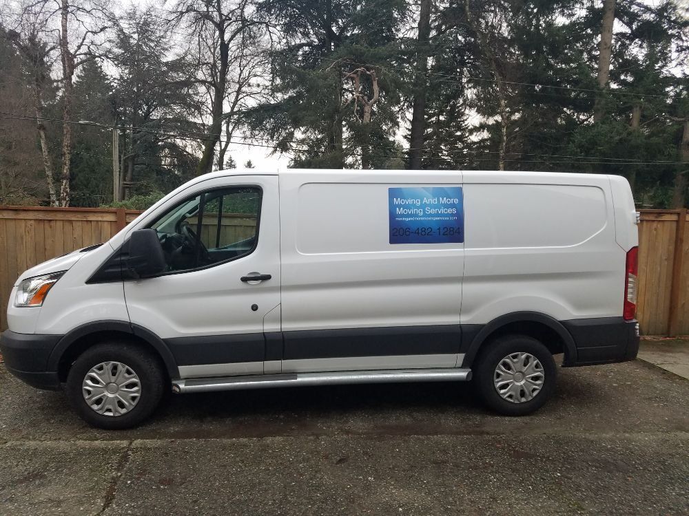 White cargo van parked on concrete, logo on the side, in front of a wooden fence and trees.