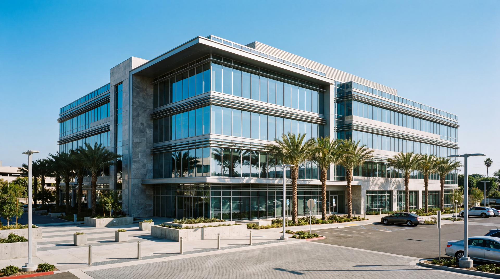 Modern office building developed by AGA Construction, Inc. with glass facade.