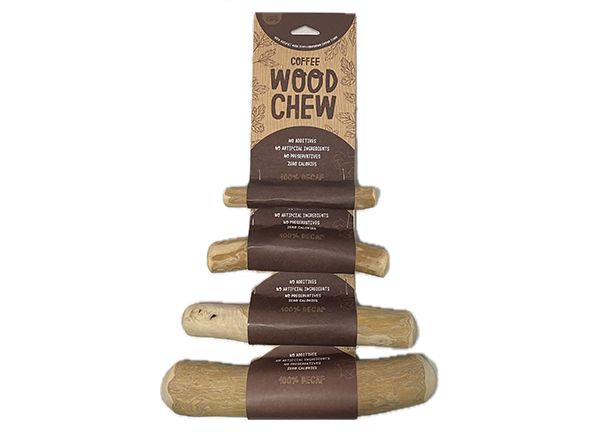 Dog wood chews in various sizes, packaged together with brown labels.