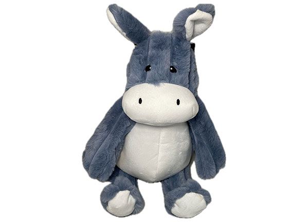Gray and white plush donkey toy with black eyes and a white belly.