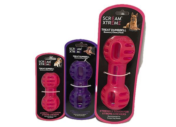 Dog toys in packaging: red and purple dumbbell-shaped, squeaky chew toys on a white background.