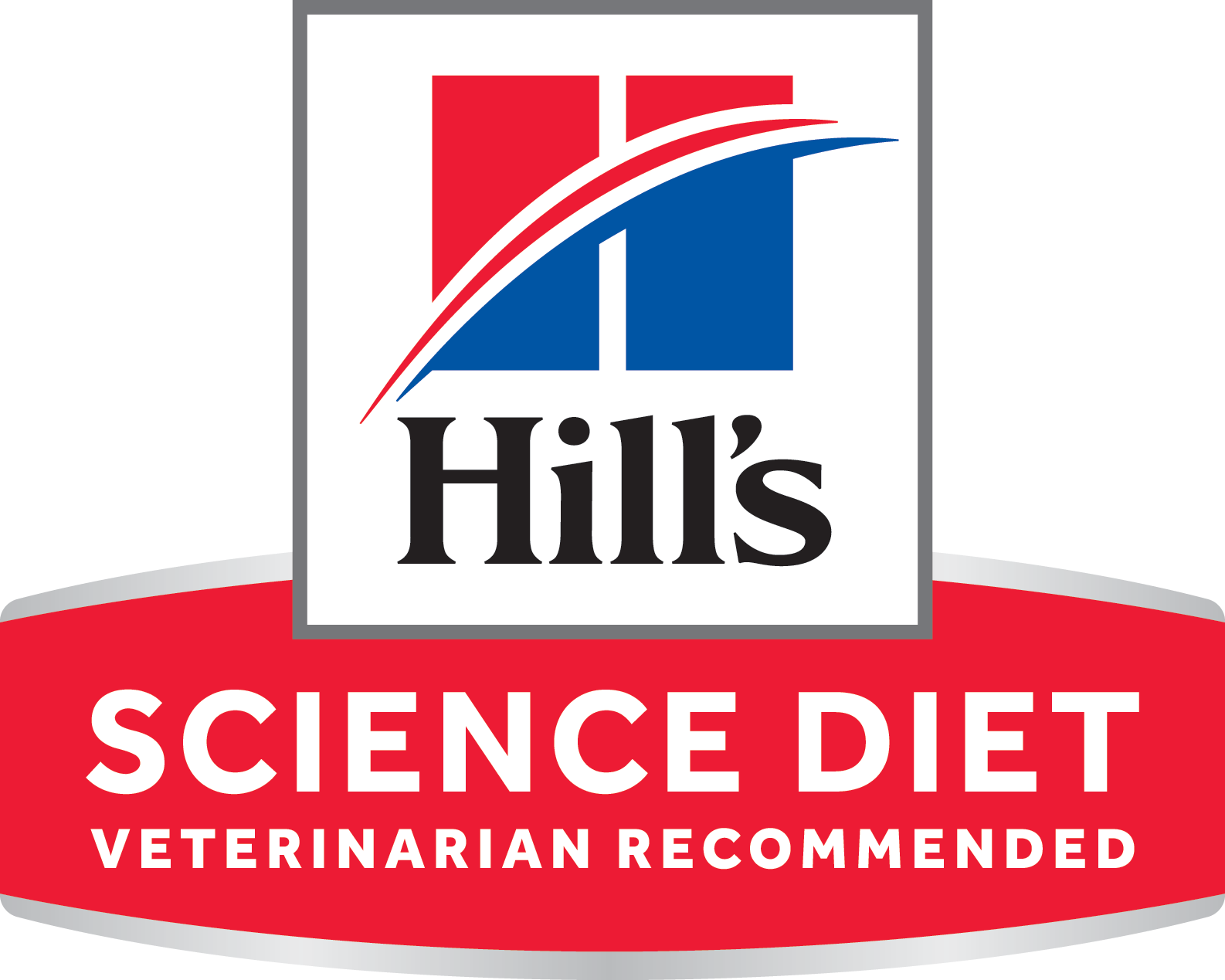 Hill's Science Diet logo: square with red/blue blocks, white border, over red oval with text 
