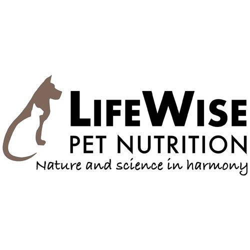 Logo for LifeWise Pet Nutrition, featuring a dog and cat silhouette and text.