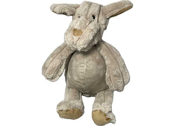 Beige plush dog toy with floppy ears and front paws raised.