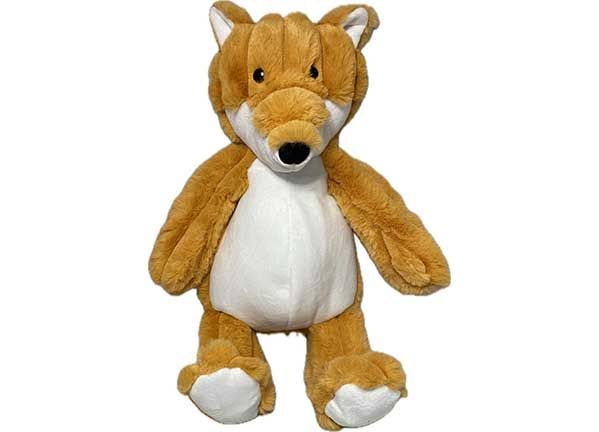 Stuffed fox with brown and white fur, standing upright.