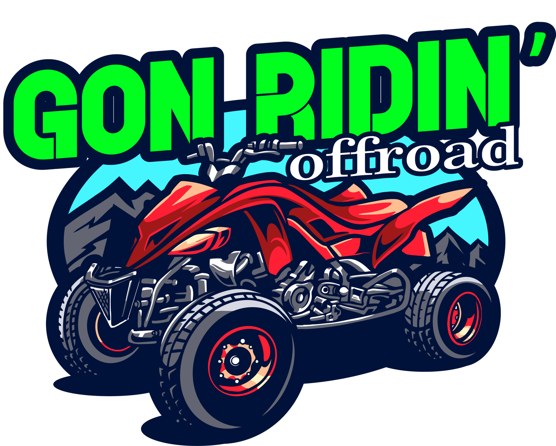 A cartoon illustration of a red atv with mountains in the background.