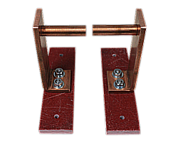 A pair of metal brackets with nuts on them on a white background