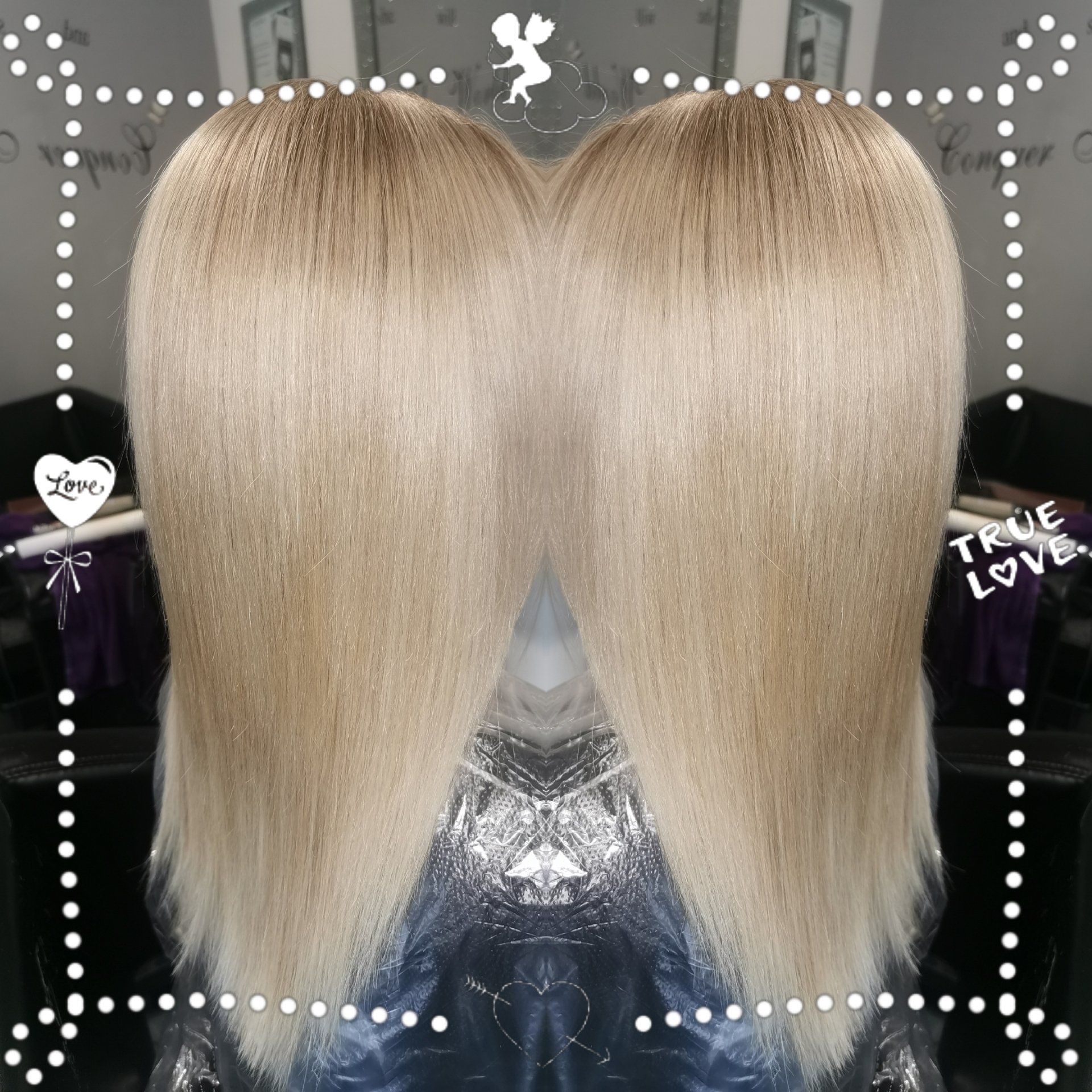 A picture of a woman 's hair with the words true love on it