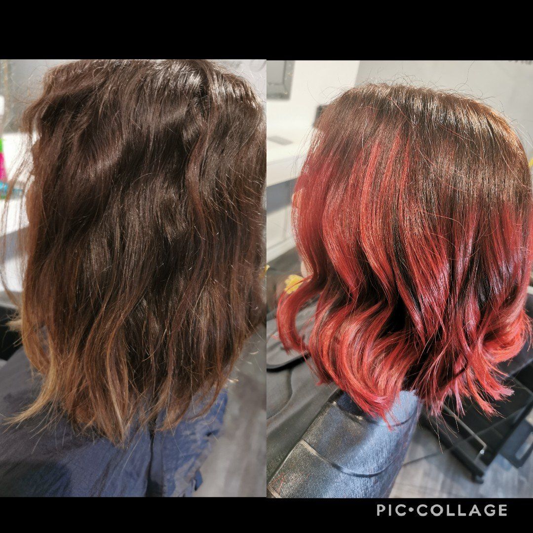 A before and after photo of a woman 's hair before and after being dyed red.