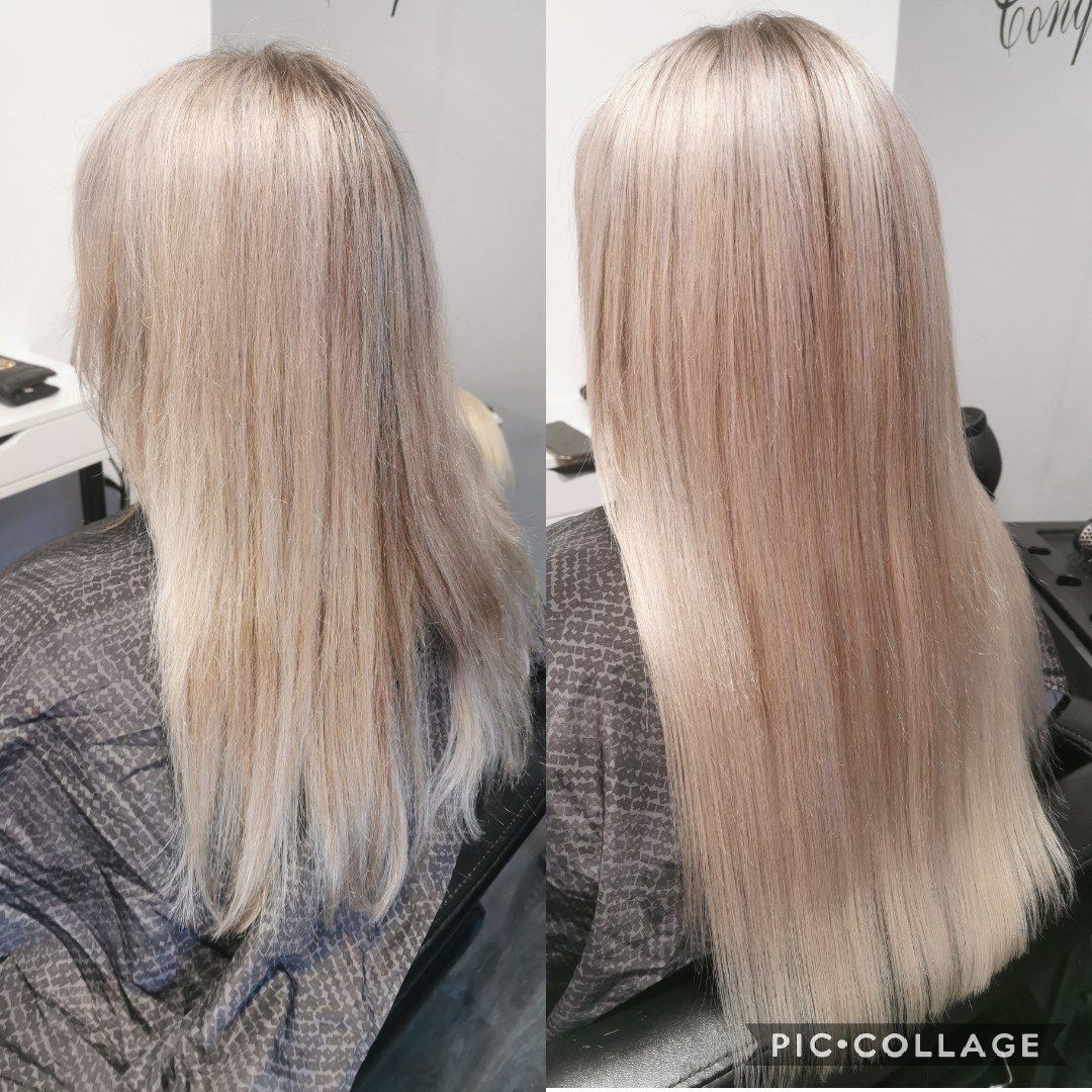 A before and after photo of a woman 's blonde hair.