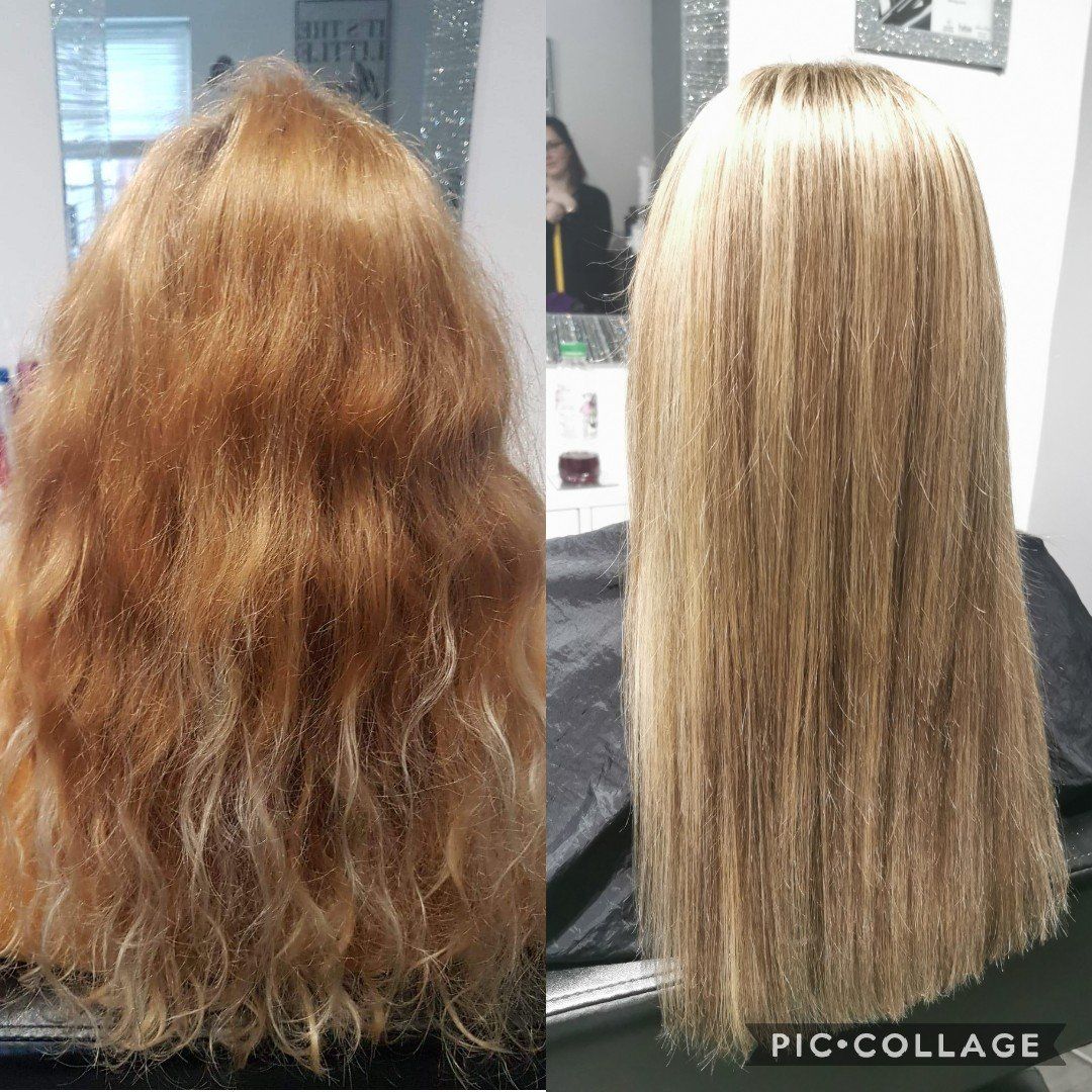 A before and after photo of a woman 's hair in a salon.