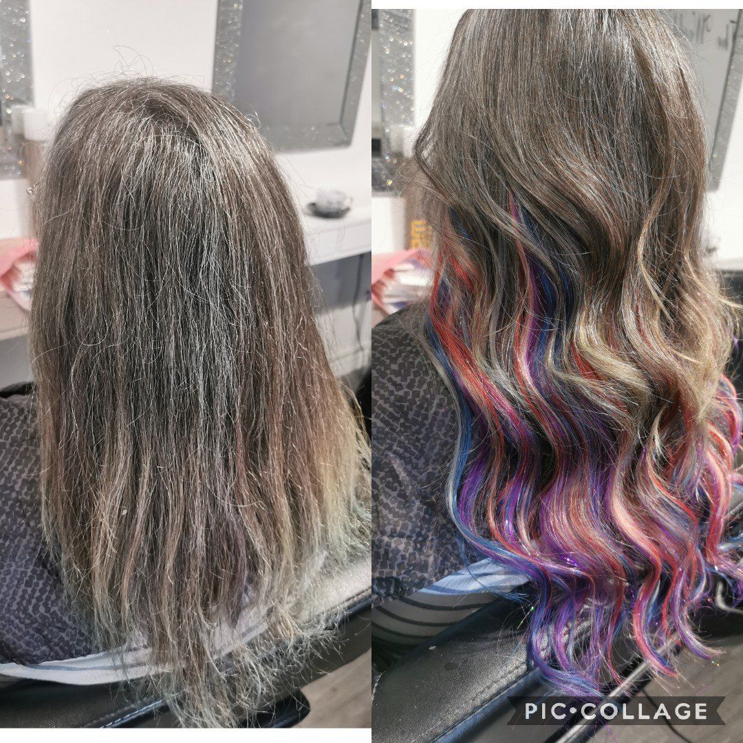 A before and after photo of a woman 's hair in a salon.