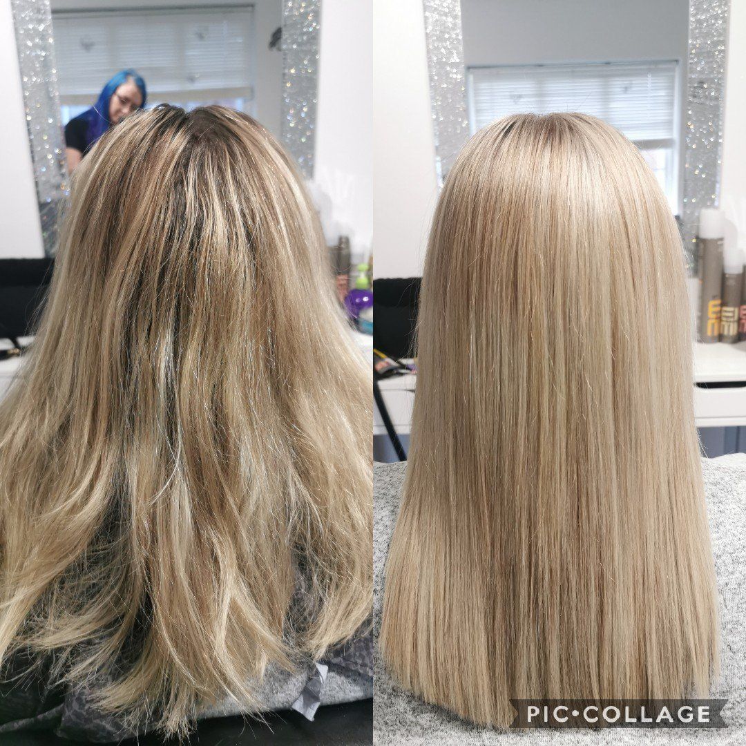 A before and after photo of a woman 's hair in a salon.