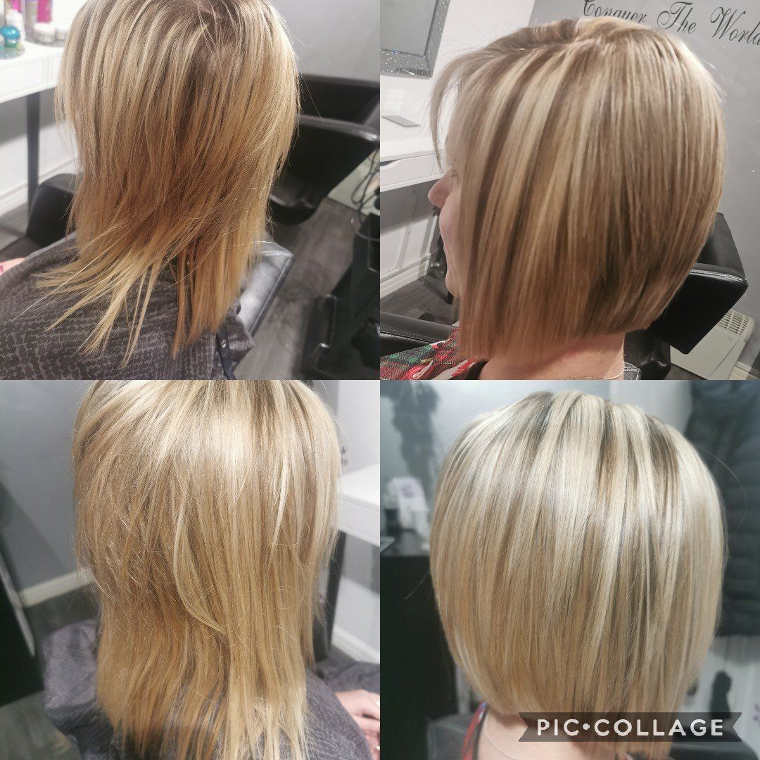 A collage of four pictures of a woman 's blonde hair
