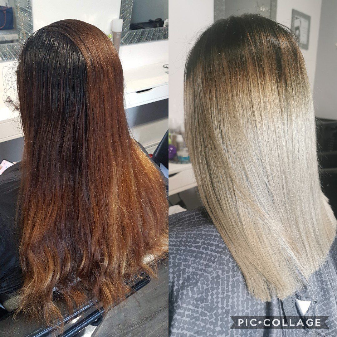 A before and after photo of a woman 's hair.