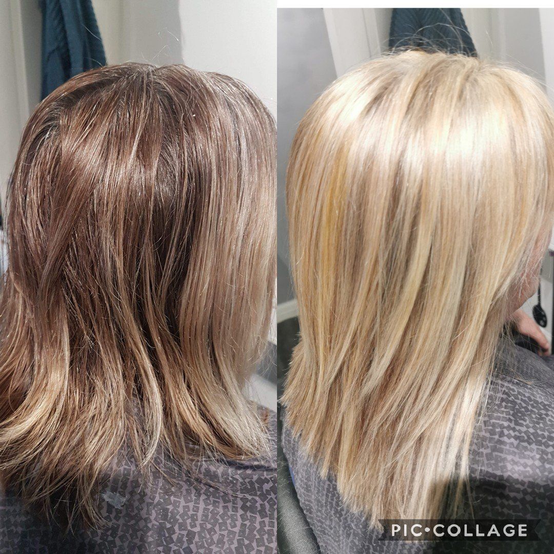 A before and after photo of a woman 's hair.
