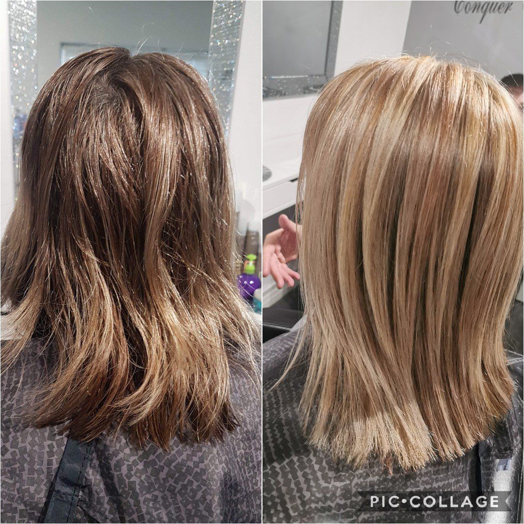 A before and after photo of a woman 's hair