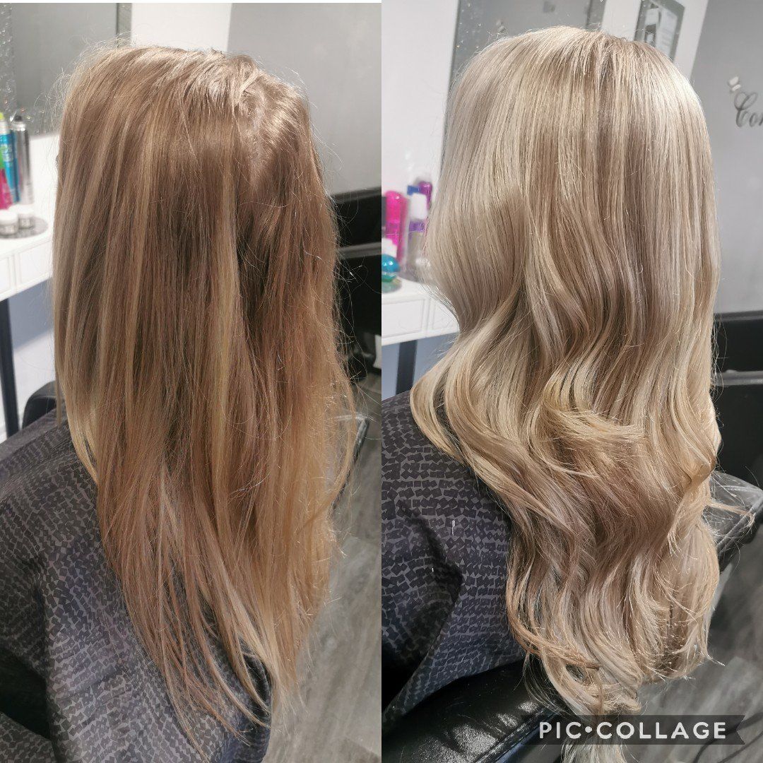 A before and after photo of a woman 's hair in a salon.