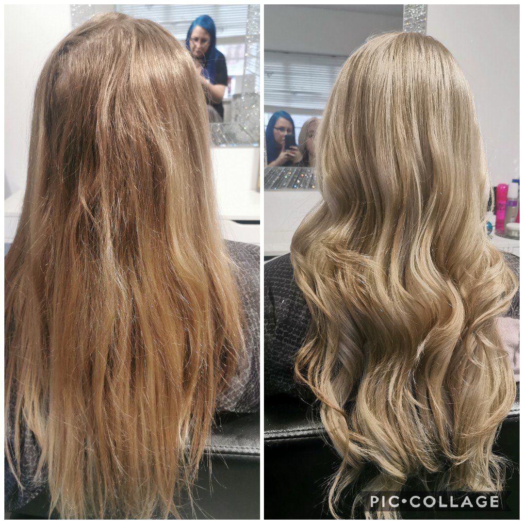 A before and after photo of a woman 's hair.