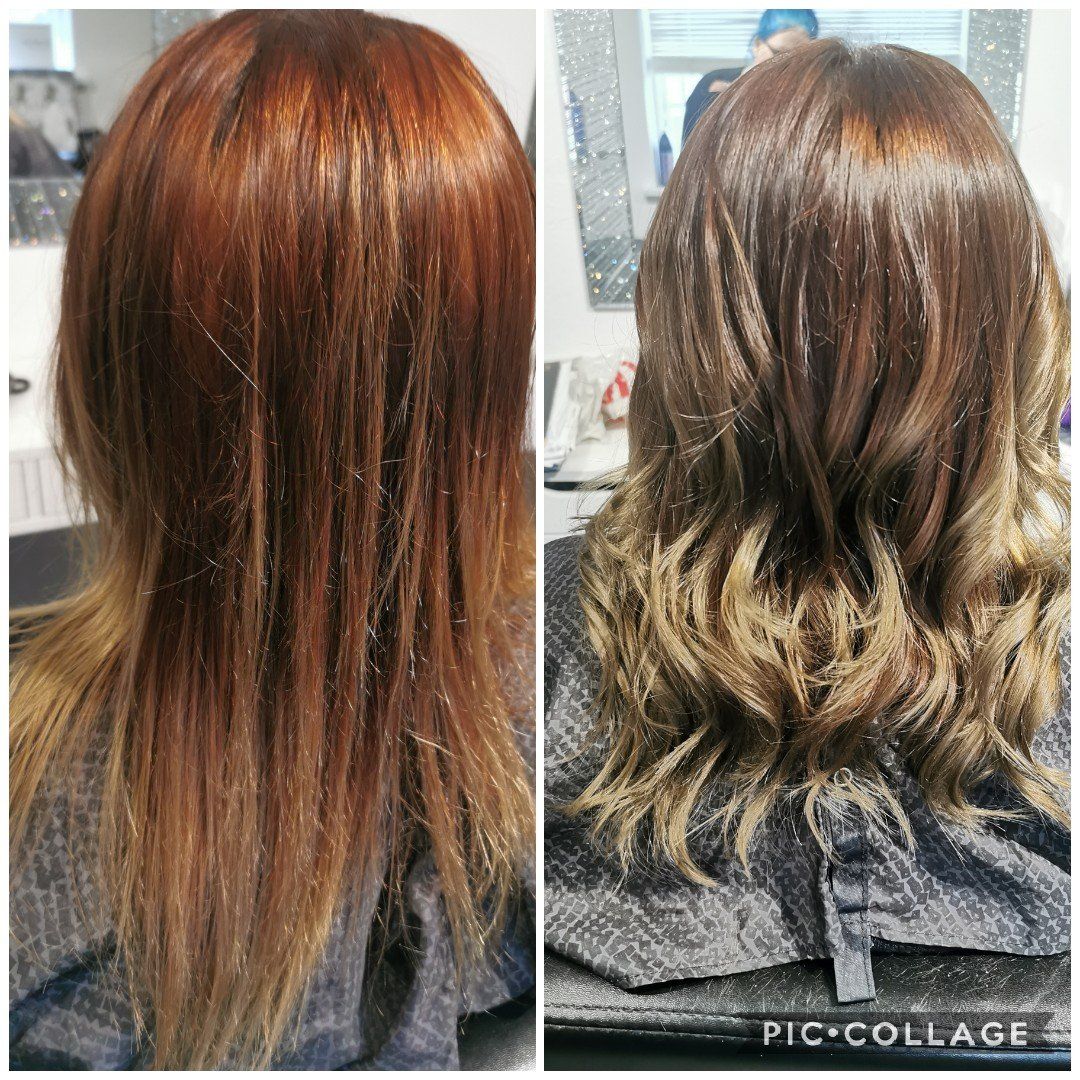A before and after photo of a woman 's hair.