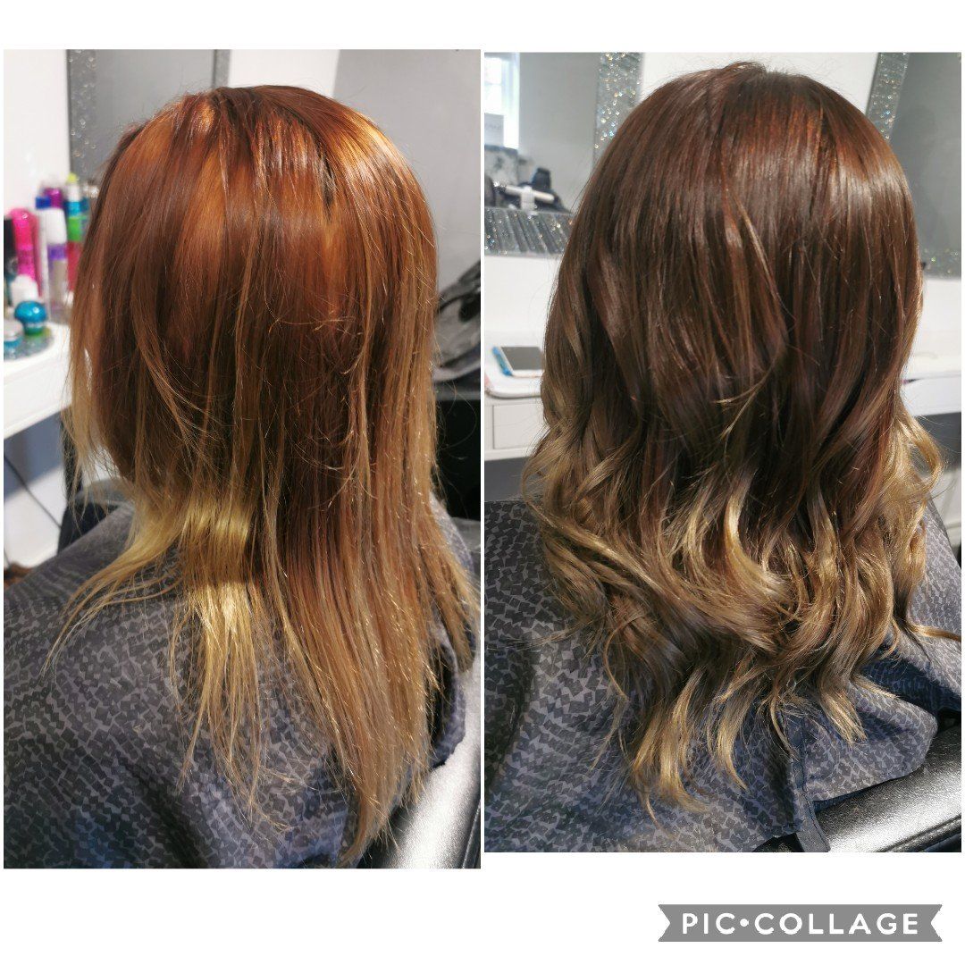 A before and after photo of a woman 's hair