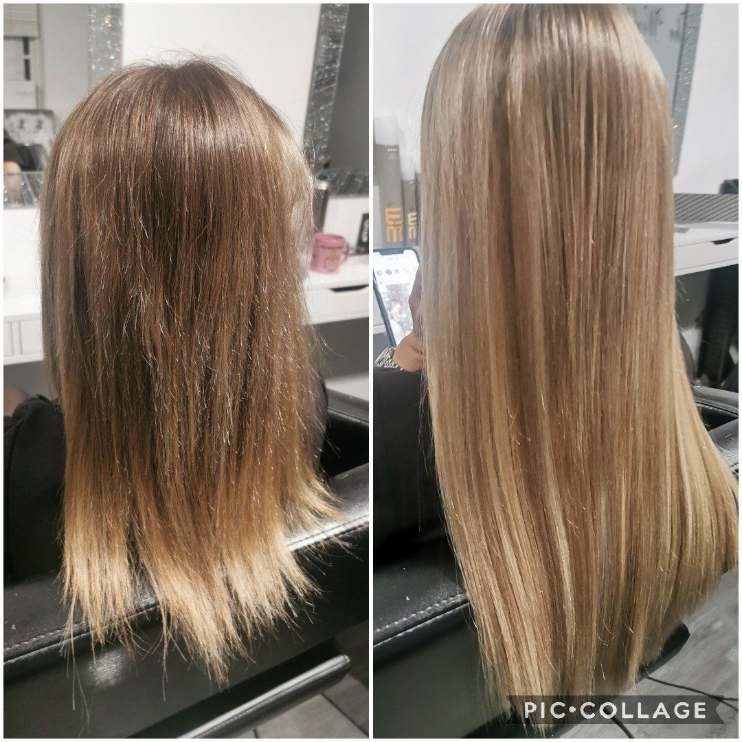A before and after photo of a woman 's hair in a salon.