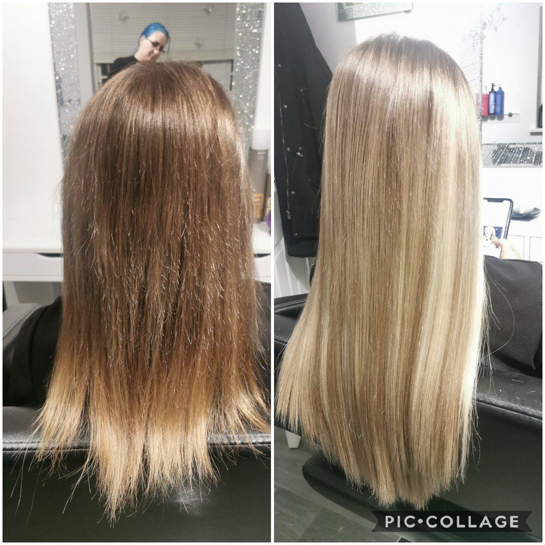 A before and after photo of a woman 's hair in a salon.