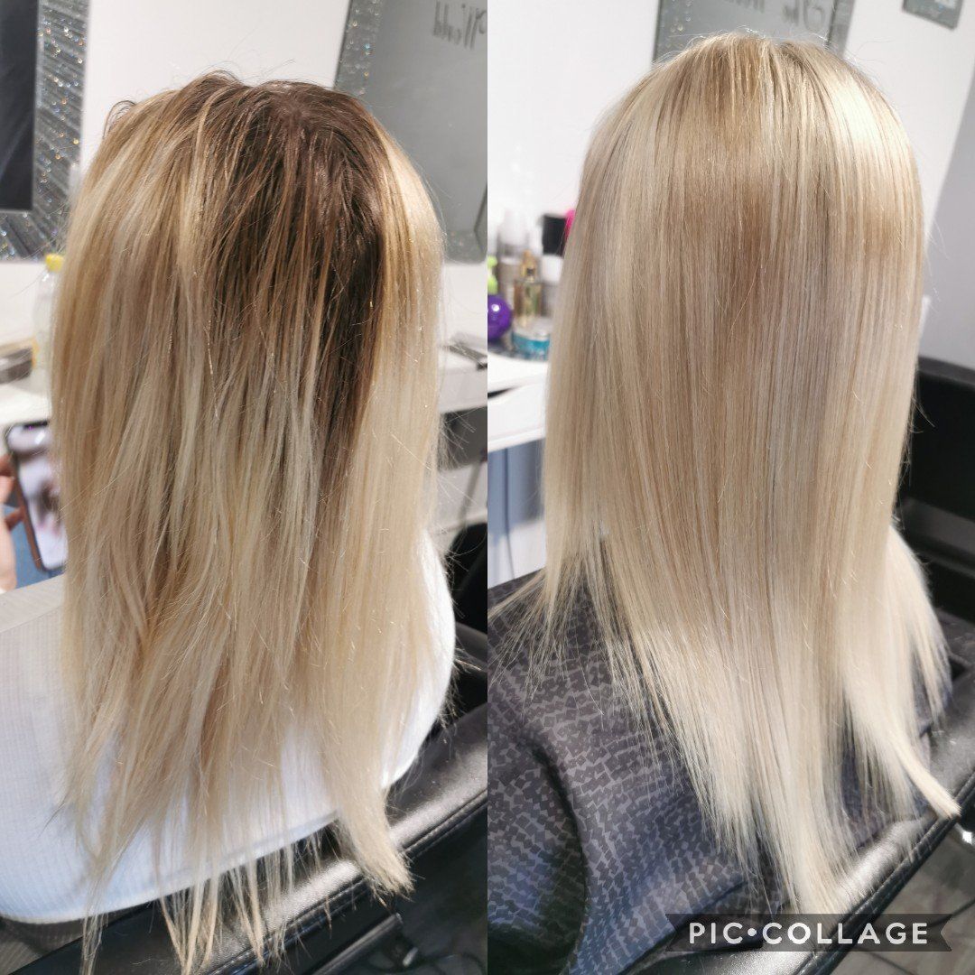 A before and after photo of a woman 's hair in a salon.