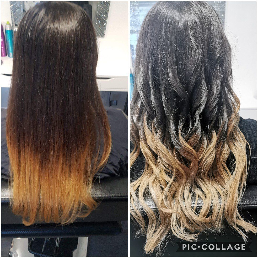 A before and after photo of a woman 's hair in a salon.