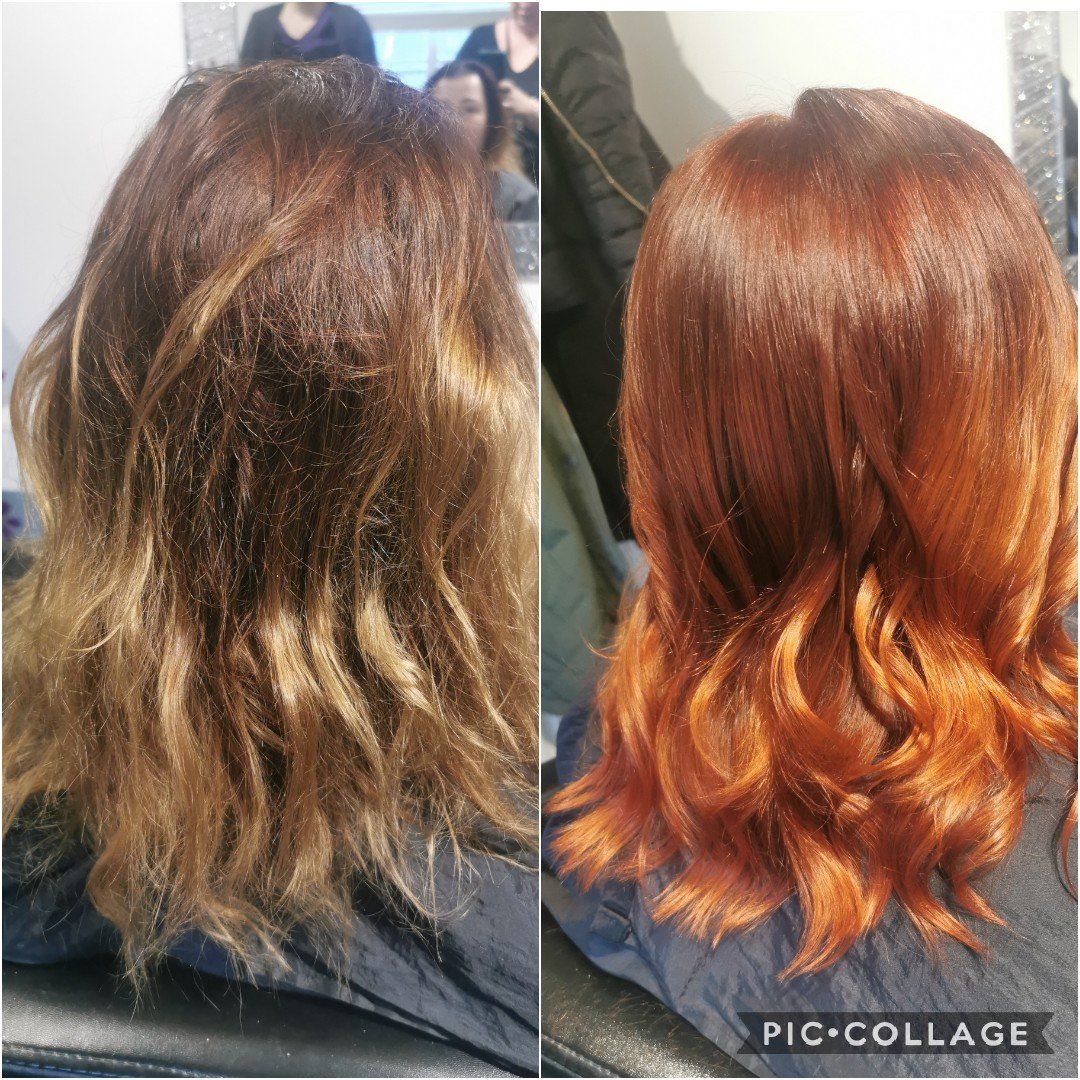 A before and after photo of a woman 's hair.