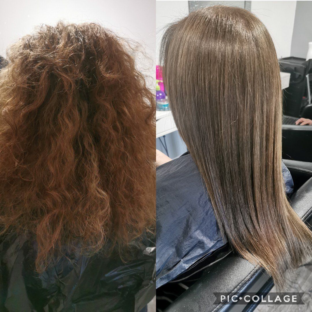 A before and after photo of a woman 's hair in a salon.