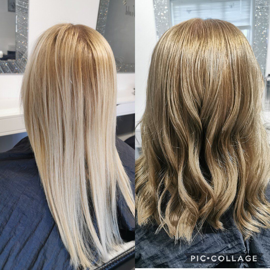 A before and after photo of a woman 's hair