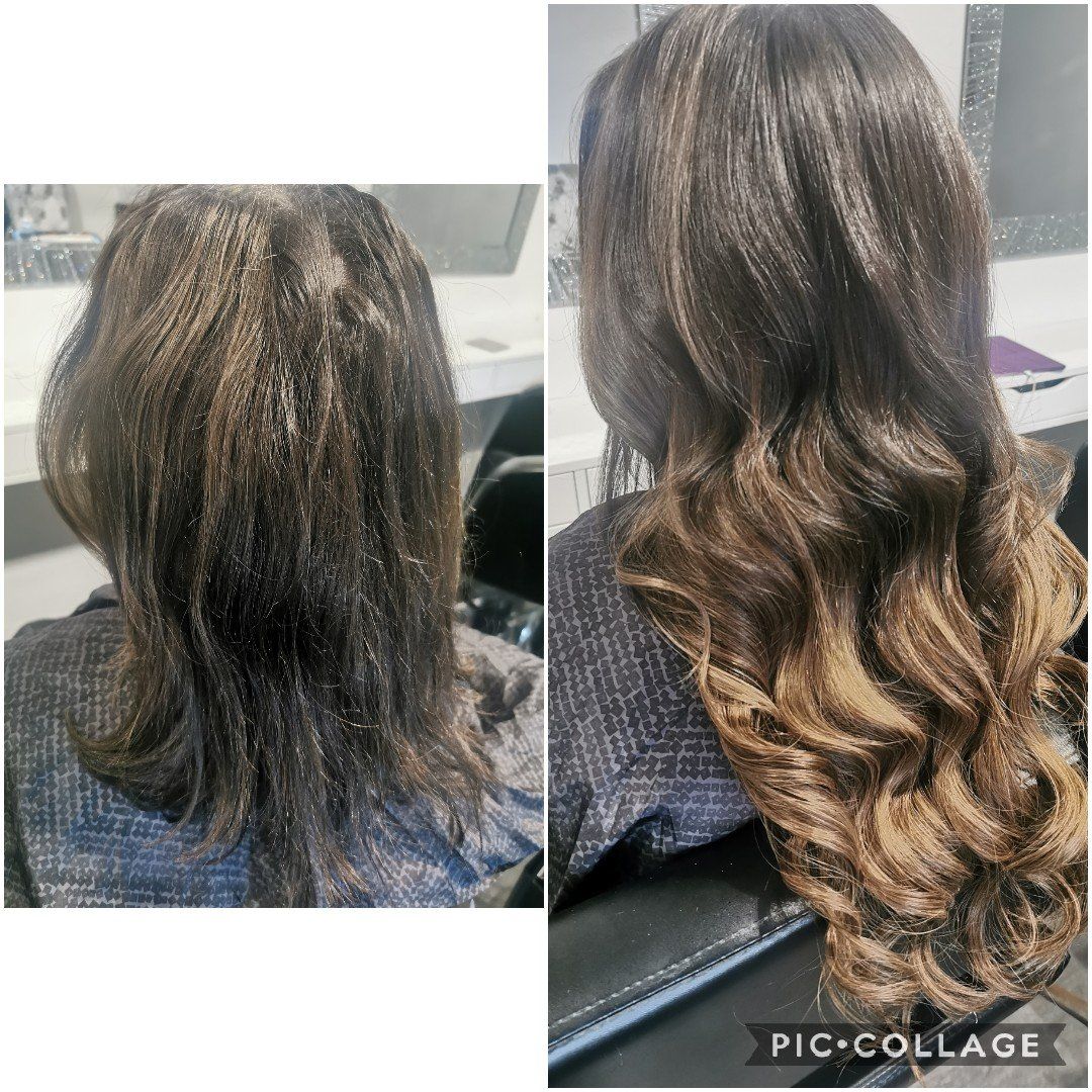 A before and after photo of a woman 's hair extensions.