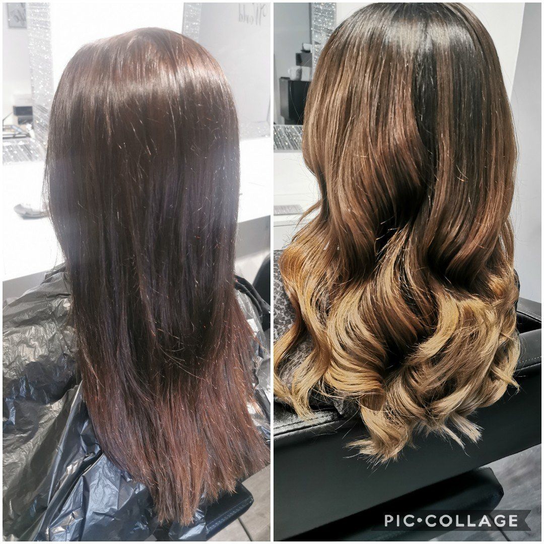 A before and after photo of a woman 's hair in a salon.