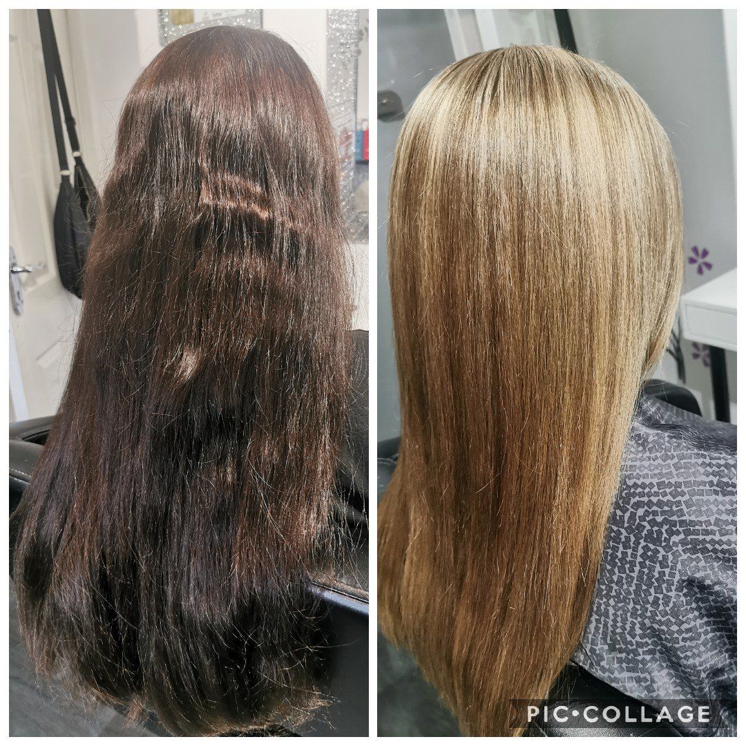 A before and after photo of a woman 's hair.