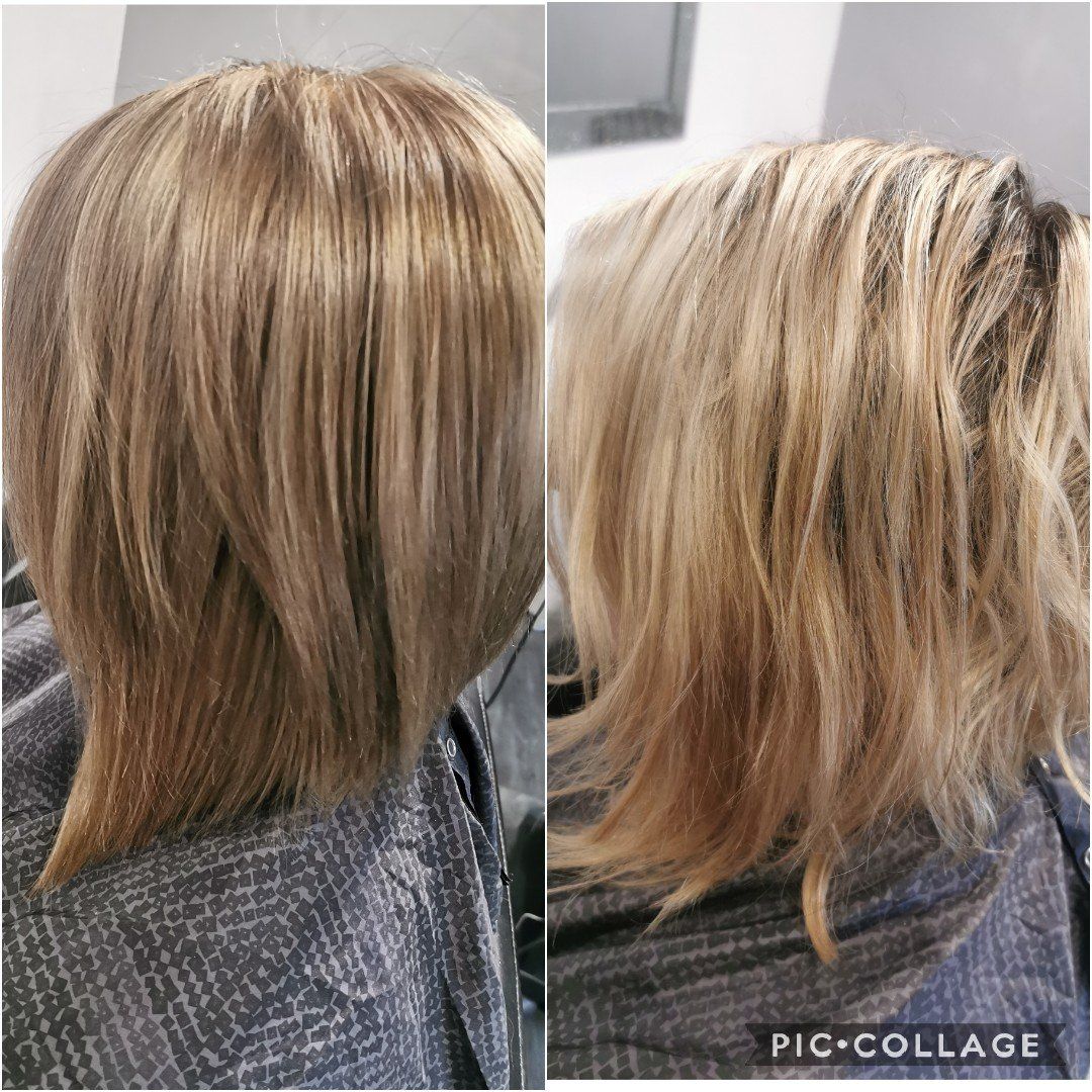 A before and after picture of a woman 's hair.