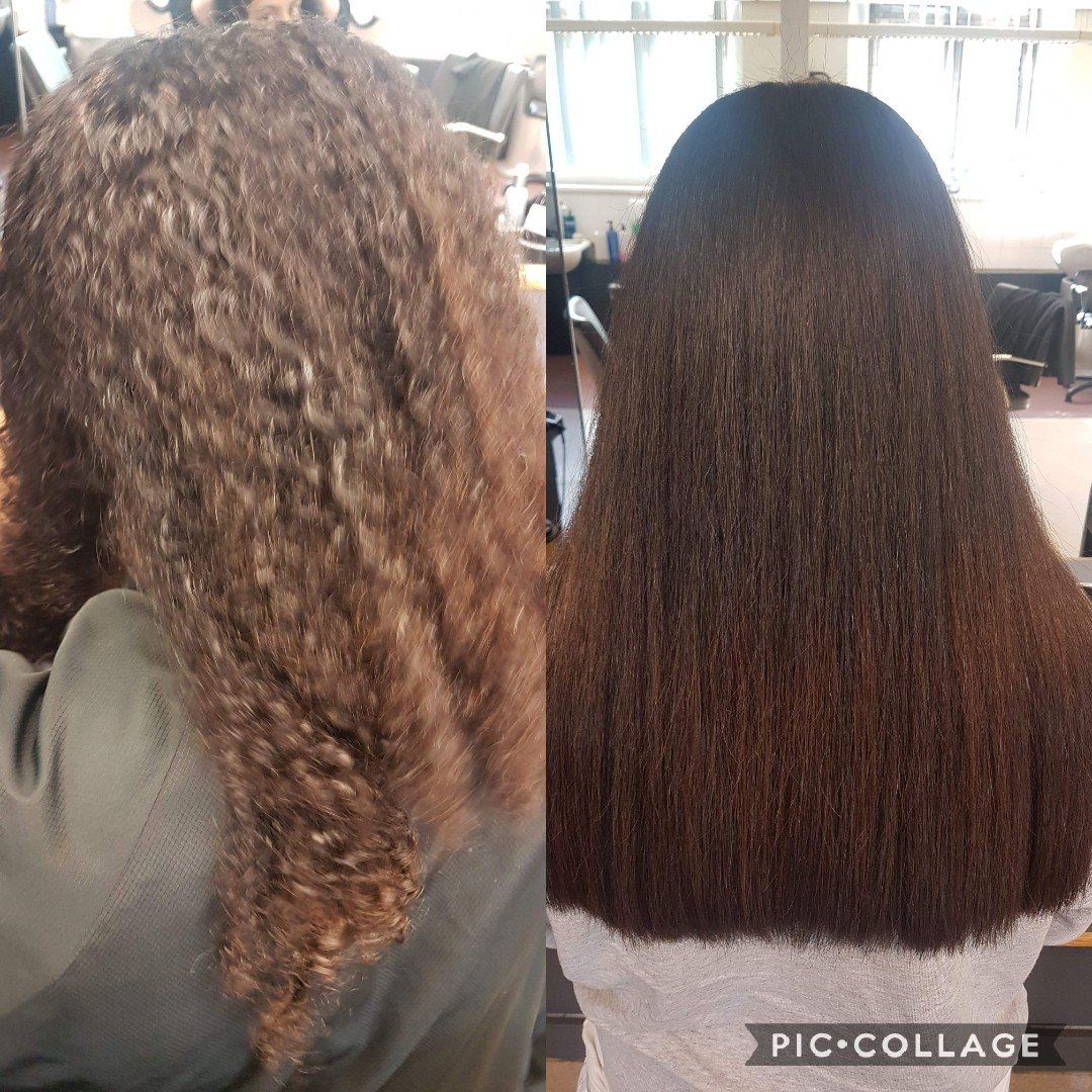 A before and after photo of a woman 's hair