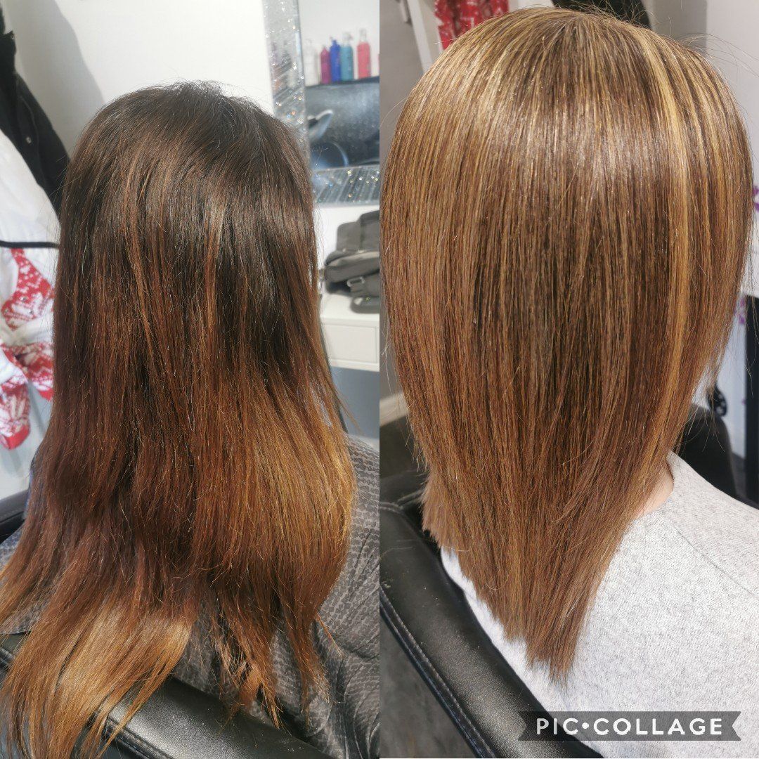 A before and after photo of a woman 's hair in a salon.