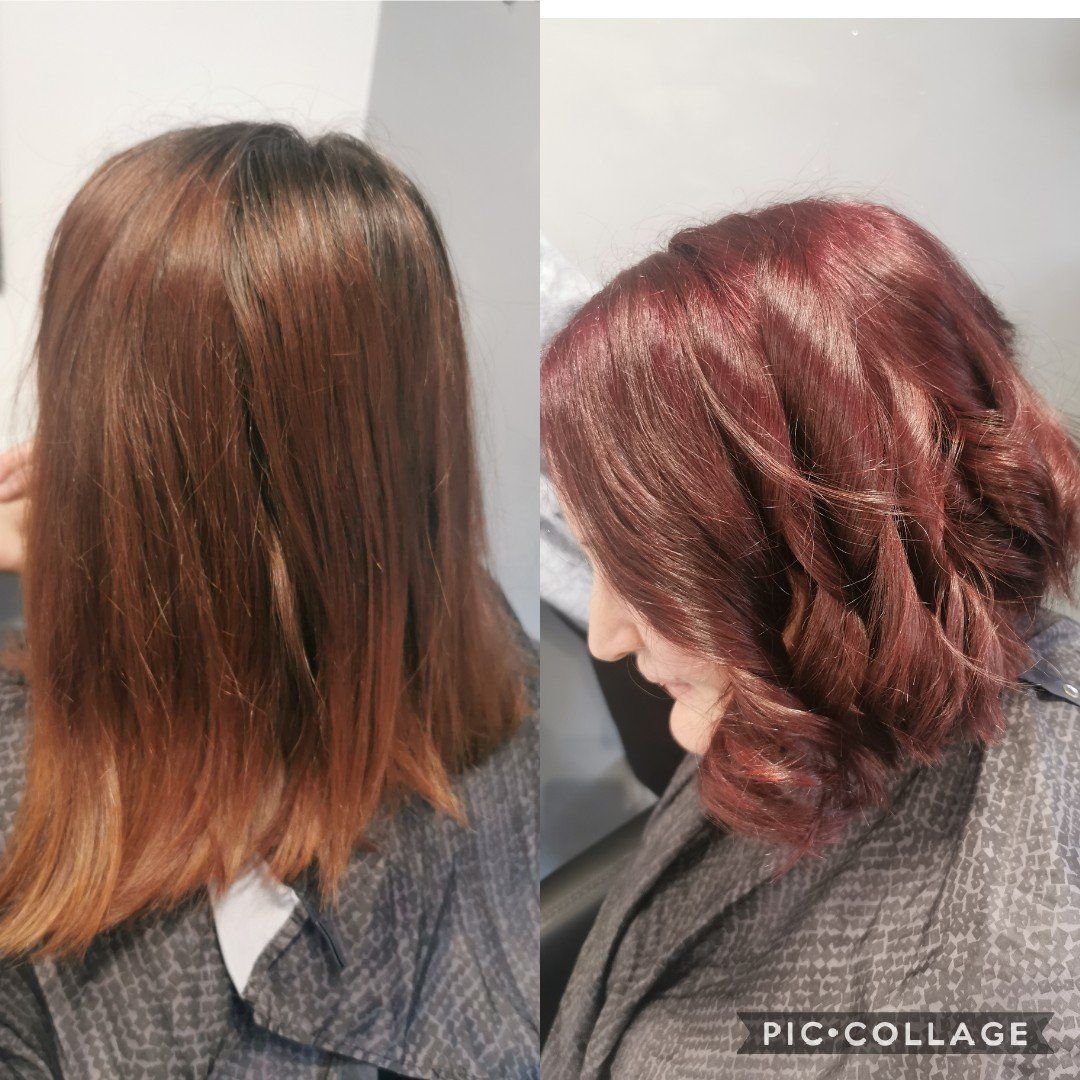 A before and after photo of a woman 's hair