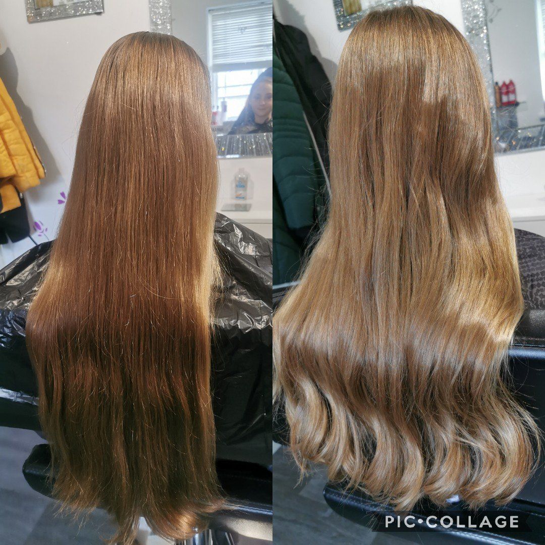A woman 's hair is shown before and after being cut.