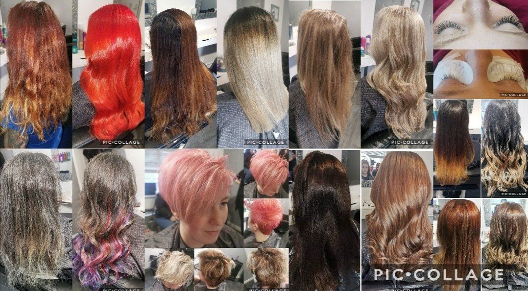 A collage of pictures of women 's hair in a salon.