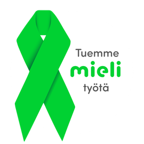 A green ribbon with the words tuemme mieli työtä written on it.