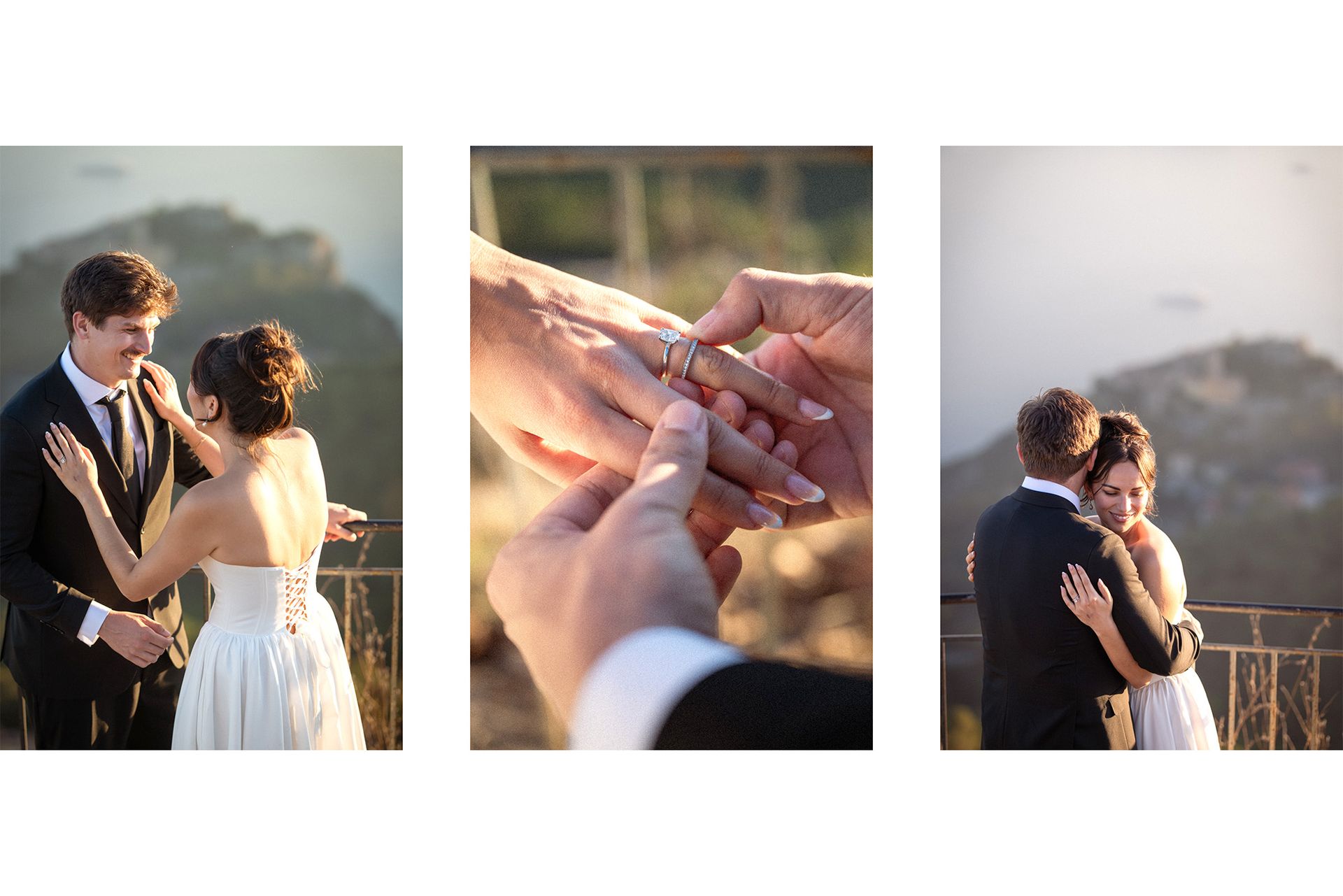 A couple laugh as they exchange rings and say vows during an elopement in the South of France.