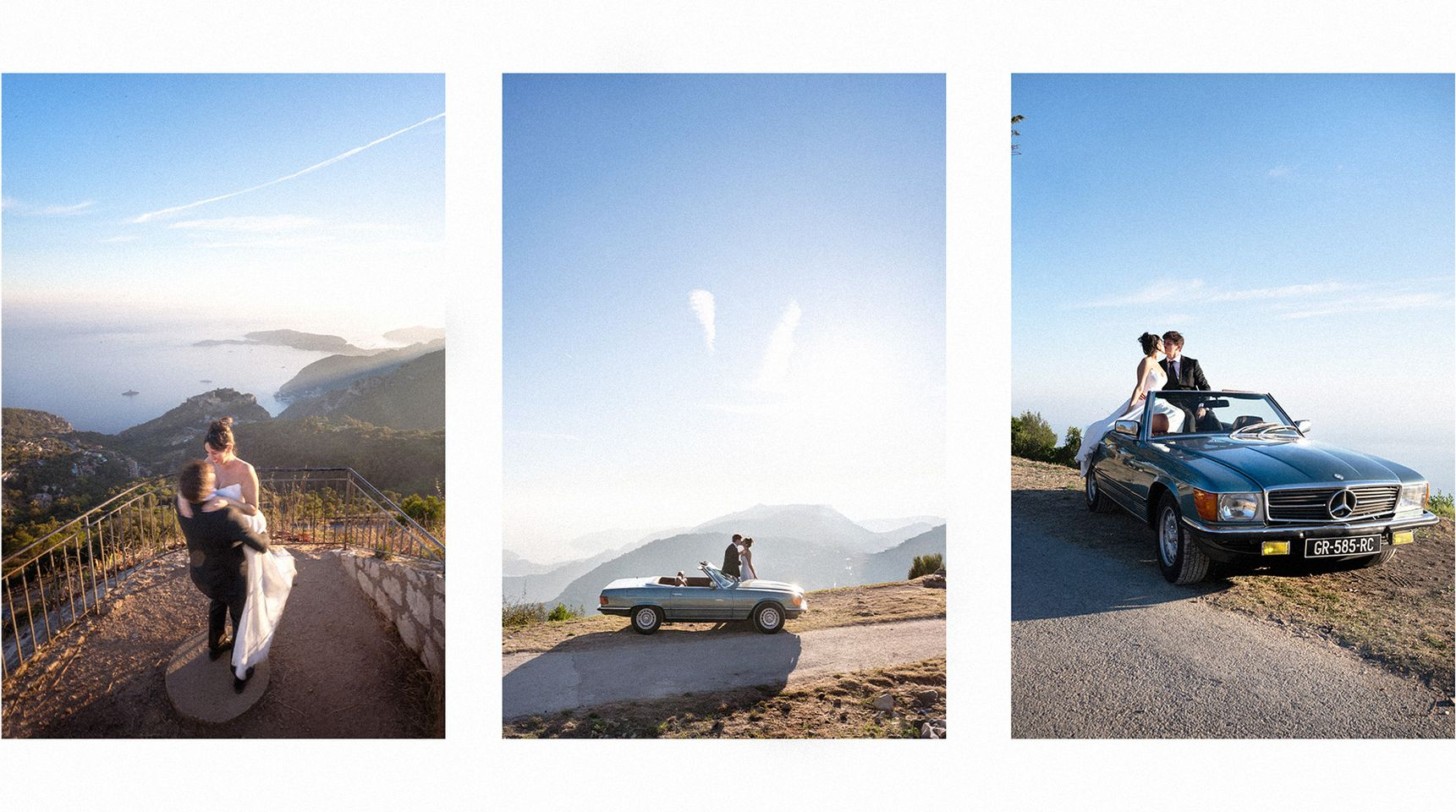 A couple and their convertible hire car against the backdrop of the French Riviera.