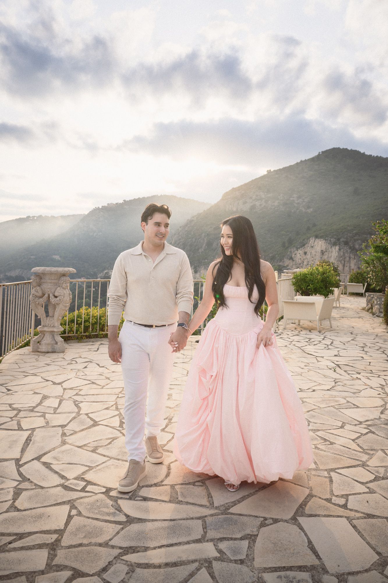 A couple photography session at golden hour at the Chevre d'Or Hotel after an engagement.