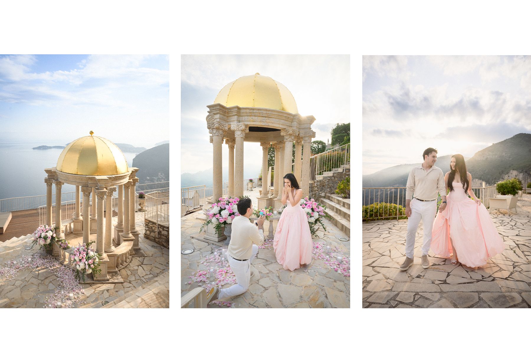 A proposal at luxury proposal location The Temple of Love, Eze, during golden hour, at the Chevre d'Or Hotel, French Riviera.